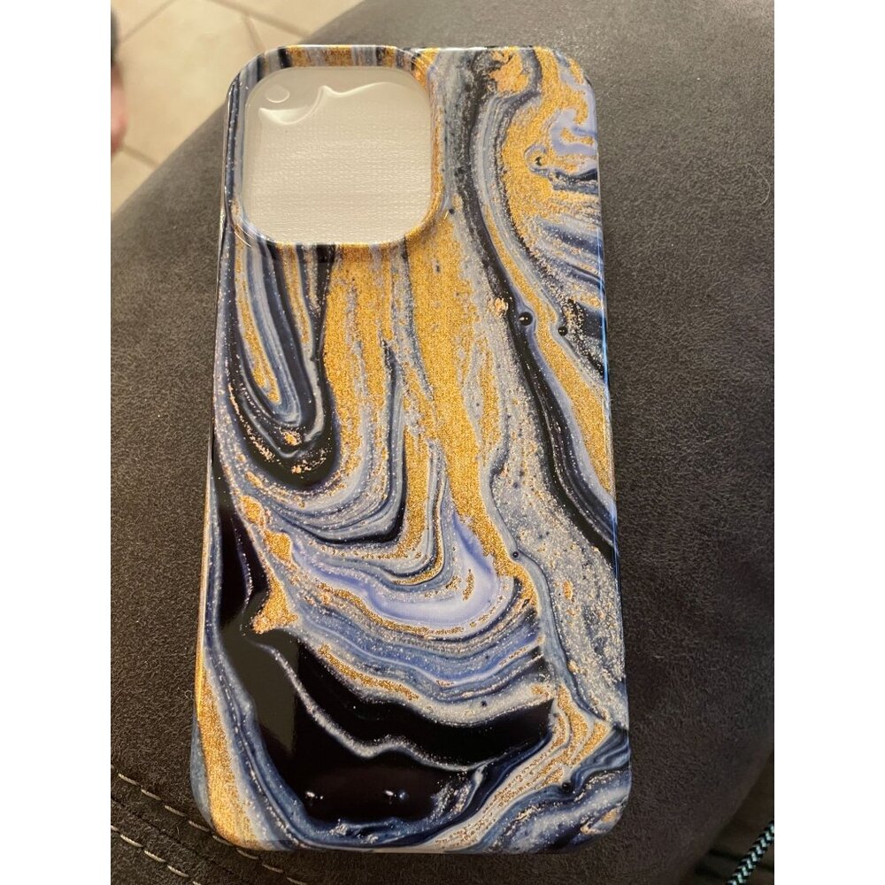 case for iPhone 14 pro max 6.7" gold & blue marble liquid art glitter